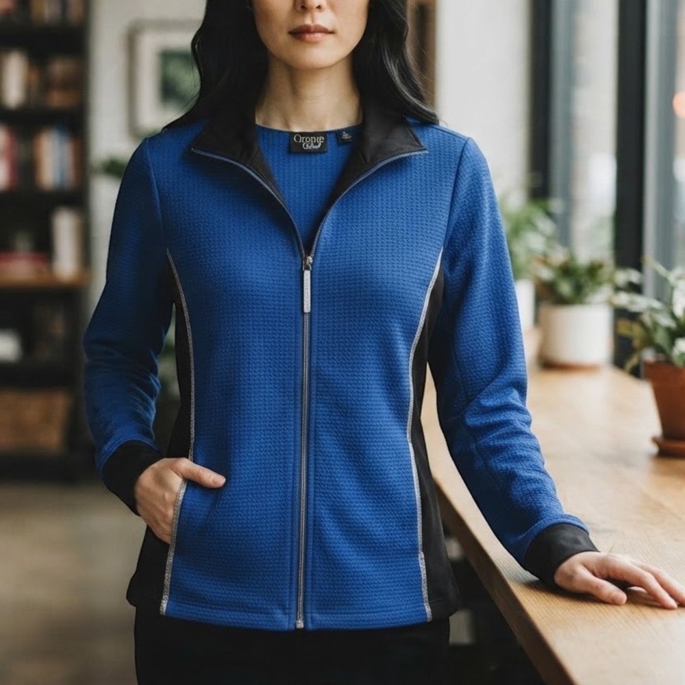 Onque Casual Jacket Womens Large Blue Black Full Zip Glitter Trim Waffle Knit EX